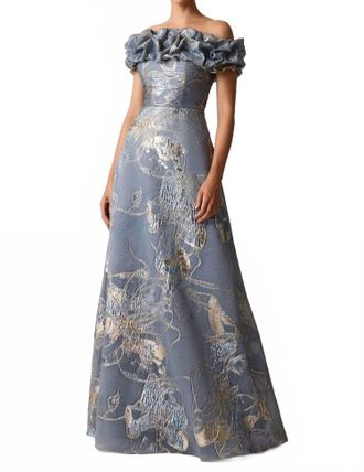 Teri Jon Jacquard Scrunch Neckline Off Shoulder Gown In Pewter Multi