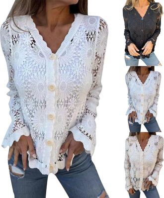 Generic Cardigans for Women UK Lace Cardigans Cutout Embroidered Long Sleeve Going Out Tops Summer Jackets Blazers Lightweight Bolero Shrugs Elegant Casual Bu
