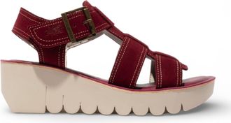 FLY London Womens YUDD236FLY Berry Red Leather Wedge Sandals - Burgundy - Size EU 40