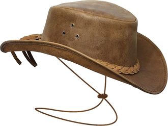 Brandslock Cowboy Hat Women Men Real Leather Western Style Wide Brim Cowgirl Hat Shapeable Lightweight Handcrafted Durable Bush Hat Tan