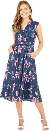 Yumi Navy Floral Print Mesh Stretch Midi Dress with Pockets (UK, Numeric, 14, Regular, Regular, Navy)