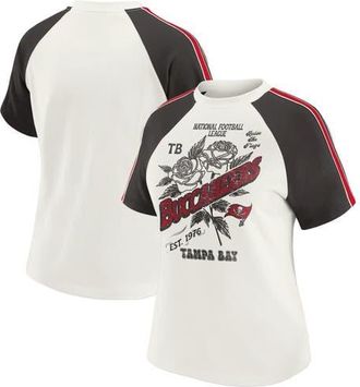 WEAR by Erin Andrews Womens WEAR by Erin Andrews White Tampa Bay Buccaneers Sleeve Stripe Distressed Raglan T-Shirt at Nordstrom, Size Medium