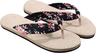 Yarnow Summer Printed Flat Flip-flops Women S Casual Beach Sandals with Imitation Straw Design Non-slip Wear-resistant Slippers