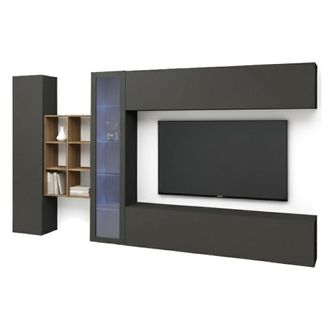 Dmora Pared Equipada Dcavio, Conjunto De Sal&oacute;n Mueble Tv Con 4 Puertas, Mueble De Sal&oacute;n Polivalente Con Vitrina Y Luz Led, 100% Made In Italy, Cm 280x30h180
