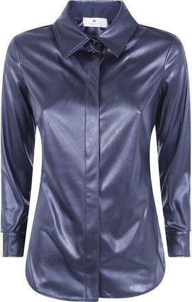 Elisabetta Franchi Logo-plaque shirt met lederlook - Dames - Overhemden - Blauw - S - Leer - Overhemden
