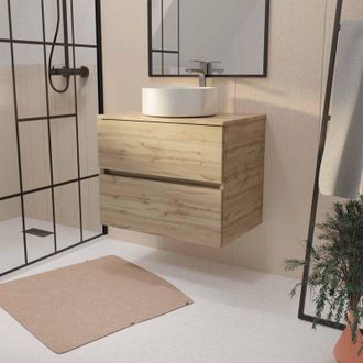Aurlane Aurlane - Mueble de baño 70 cm Decorado Roble 2 cajones Lavabo blanco de sobreponer