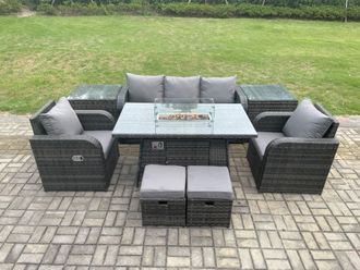 Fimous Wicker Rattan Garden Furniture Sofa Set Gas Fire Pit Dining Table Indoor Outdoor with 2 Side Table Chair Footstool in Dark Grey