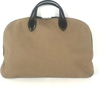 Herm&egrave;s Beige Dark Brown Leather Canvas Handbag Tote Bag (Pre-Owned)
