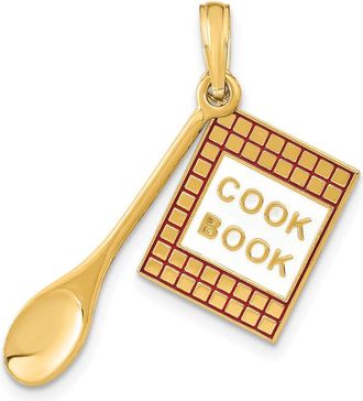 Diamond2Deal 14k Yellow Gold Red and White Enameled 3-D Cook Book and Spoon Charm Pendant
