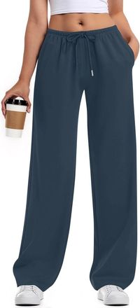 Generic Womens Wide Leg Sweatpants Straight Leg Low Rise Baggy Sweat Pants Drawstring Low Waist Fall Pants with Pockets, Dark Blue, Large