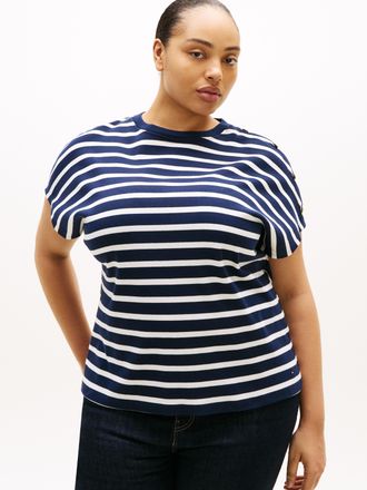 Tommy Hilfiger Kurzarmshirt TOMMY HILFIGER CURVE CRV GOLD BUTTON SS TEE, Damen, Gr. 46, beige (schwarz night navy, ivory silk stp), Single Jersey, Obermaterial: 100%