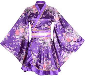 Generic Womens Sexy Short Kimono Costume Adult Japanese Geisha Yukata Prints Gown Blossom Fancy Dress with Obi Belt (Purple, One Size)