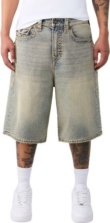 True Religion Mikey Super T Flap Denim Shorts in Crossover Fade Medium Wash at Nordstrom, Size 38