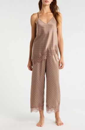Nordstrom Lace Trim Satin Pajamas in Brown- Ivory Pin Dot at Nordstrom, Size X-Small