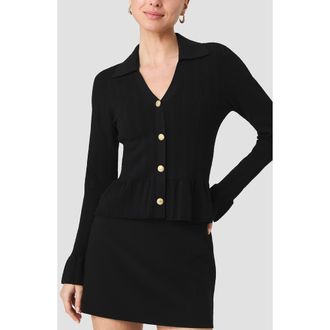 French Connection Crinkle Pointelle Peplum Top in Black at Nordstrom, Size X-Large