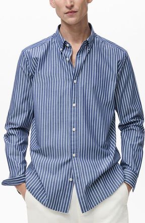 Mango Stripe Regular Fit Button-Down Shirt in Dark Navy at Nordstrom, Size Small