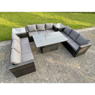 Fimous U Shape Rattan Gardern Furniture Dining Sofa Set Adjustable Rising Dining Table With 2 Side Coffee Table - Fimous