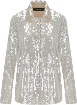 Federica Tosi Champagne Pailletten Mesh Shirt - Dames - Overhemden - Wit - XS - Pailletten - Overhemden