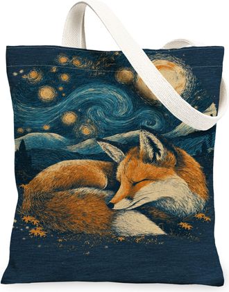 Generic Artistic Vintage Fox Canvas Tote Bags, Animal Design Reusable Shopping Bags, Lightweight Washable Shoulder Strap Canvas for, Navy, 13x15 Inch