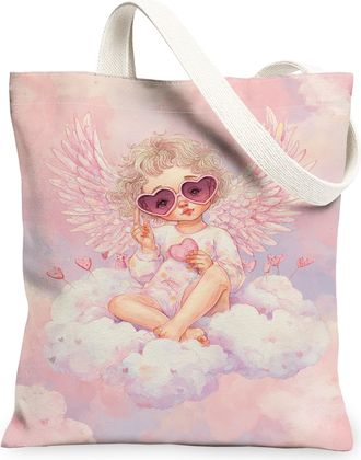 Generic Angel Canvas Tote Bags, Cute Cherub Pattern Reusable Grocery Bags, Spring Vintage Lightweight Washable Shoulder Strap, Peach, 13x15 Inch