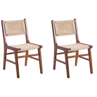 Beliani Conjunto De 2 Sillas De Comedor Estructura De Madera De Caucho Asiento Y Respaldo De Cuerda De Papel Comedor Boho Marr&oacute;n Y Beige Ozella