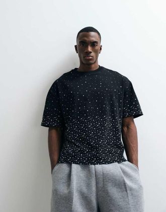 Cernucci T-shirt squadrata oversize 100% cotone nera decorata con strass-Nero