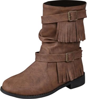 Generic Plus Size Womens Mid Calf Boots with Belt Tassel and Solid Buckle Design for Everyday Casual Wear Comfort (Brown, 6.5)
