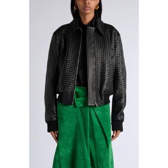 Bottega Veneta Intrecciato Leather Bomber Jacket in 1010 Double Black at Nordstrom, Size 40