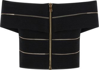 Balmain Off-Shoulder Ribbed Stretch Viscose Crop Top - Black