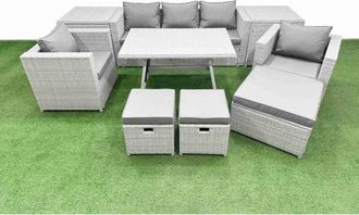 Fimous 10 Pieces Outdoor pe Rattan Sofa Armchair Set Patio Garden Furniture Sets with Cushions 2 Side Tables 3 Stools Light Grey - Fimous