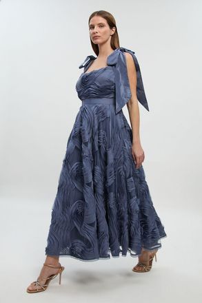 Karen Millen Womens Textured Ruffle Woven Midi Prom Dress - Blue - Size 14 UK