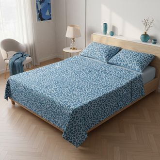 KASANOVA Completo letto matrimoniale leopardato azzurro cotone