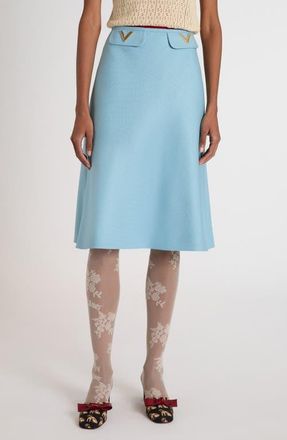 Valentino Garavani V-Detail Crepe A-Line Canvas Skirt in Grey/Blue at Nordstrom, Size 10 Us