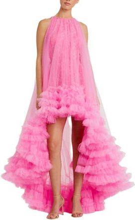 Mac Duggal Tulle High Neck Sleeveless Ruffled Hem Hi-Lo Gown in Hot Pink at Nordstrom, Size 12