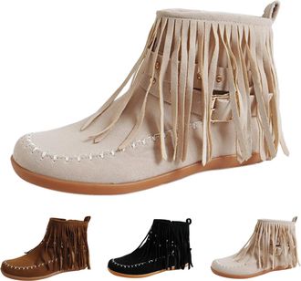 Generic Womens Cowboy Boots With Fringe Studded Boots Women Pull On Dress Booties Fashion Flat Sole Bootie Retro Cowgirl Bootie Tassel Ankle Boot Western Cowb