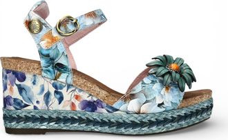 Laura Vita Laura Vita Facyo 75 damessandalen met sleehak, gemaakt van blauw leer met bloemenprint