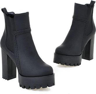 Generic Womens Suede Chunky Platform Heel Ankle Boots with Elastic Gore, Autumn/Winter Chelsea Style,Black,5.5 UK