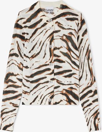 Ganni White Cardigan in Zebra Cotton - Size XS Organic