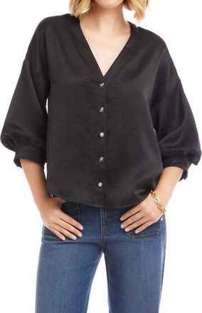 Karen Kane Lantern Sleeve Crystal Rhinestone Button Satin Top In Black