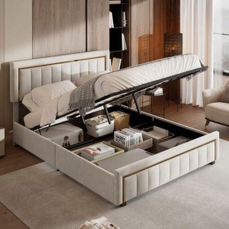 OEM Cama 140x200 Cm De Terciopelo Blanco Con Borde Dorado, Somier De Lamas, Almacenamiento Abierto, Marco Reforzado