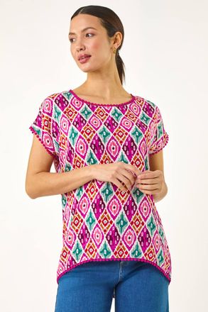 Roman Ikat Print Bobble Trim Tee