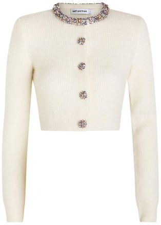 Self Portrait Crystal-embellished Brushed Knit Cardigan - Cream - M (UK12 / M)