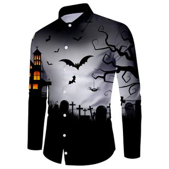 Generic Mens Holiday Shirts Fit Formal Blouse 2024 Fashion Mens Fashion Casual Halloween and Pumpkin Pattern Printed Long Sleeved Shirt Mens Shirt with Contra