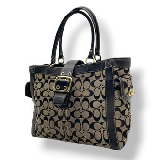 Coach Black Gray Canvas Leather Handbag Tote Bag (Pre-Owned)