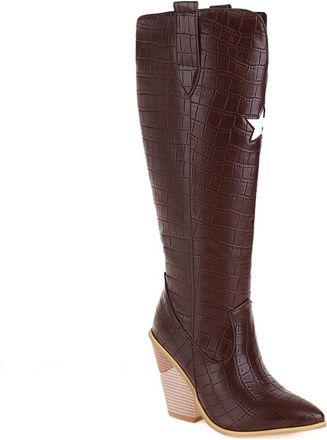Generic Womens Retro Star Embellished Crocodile Embossed Knee High Shoes Pointed Toe Wedge Heel Synthetic Leather Comfortable Non Slip Durable for Party Conce