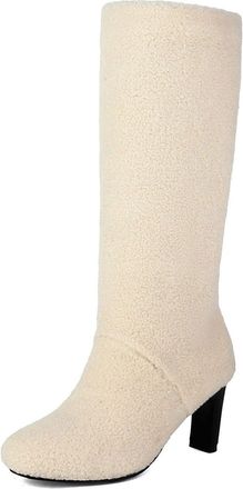 Generic Womens High Heeled Mid-Calf Boots Pull on Slouch Long Boots Round Toe Winter Casual Boot,Beige,4.5 UK