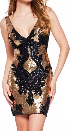 Jovani V-Neck Sequin Mini Dress In Black/gold