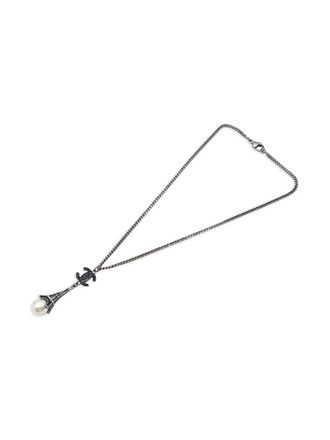 Chanel 2006 Silver Plated Faux Pearl Enamel CC Eiffel Tower Charm Necklace costume necklace - women - Silver - One Size