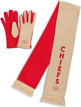 WEAR by Erin Andrews Womens WEAR by Erin Andrews Kansas City Chiefs Tonal Microcheck Scarf & Glove Set in Tan at Nordstrom