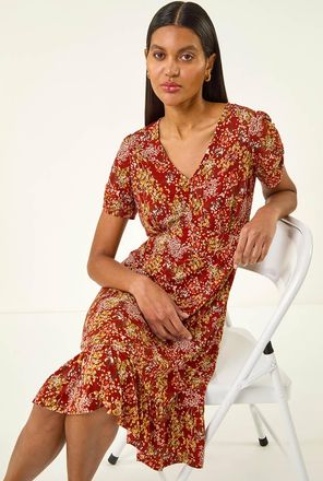 Roman Floral Print Button Stretch Tea Dress